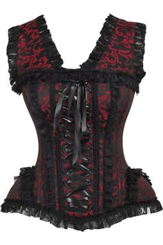 Overbust corset made of high quality brocade and lace fabrics 10 Spiral Steel boned with 2 Flat steel bones Delicate lace detailing Ribbon tie closure at back for cinching Privacy Panel Lined Hand Wash