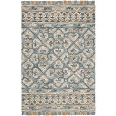 a blue and beige rug with an intricate design