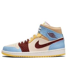 Thanks to the 35th anniversary of the original AJ1, this pair of Jordan 1 Mid Fearless Multi has been designed in collaboration with Parisian label Maison Château Rouge. Featuring the hand-stitched details, the mid-top kicks are accented with cream, brown, yellow and light blue hues. (AJ1/SNKR/Retro/Unisex/Mid Top/Basketball) Air Jordan 1 Mid Se, 35th Anniversary, Mid Top, Air Jordan 1 Mid, Jordan 1 Mid, Blue Hues, Air Jordan 1, Hand Stitched, Jordan 1