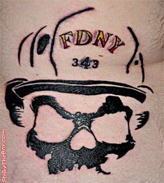 a skull wearing a hat with the word fdny on it's chest