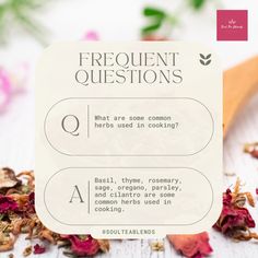 a recipe card with the words frequent questions on it next to dried flowers and a wooden spoon