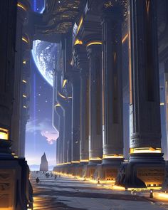 an image of a futuristic city with columns and planets in the background at night time