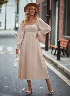 Square Neck Long Sleeve Dress Square Neck Long Sleeve Dress, Beaded Party Dress, Square Neck Long Sleeve, Dress Tight, Trumpet Sleeve, Busy Women, Dress Beige, Square Neck Dress, Pink Midi Dress