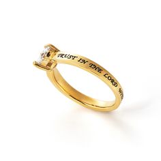 This Gold Heart ring is a beautiful unique Christian ring for women of all ages. Engraved with "Trust In The Lord - Proverbs 3:5" it's an elegant reminder to symbolize your heart for the Lord that can be worn daily. Christian jewelry is a sophisticated and subtle way to show your faith at work, while traveling and everywhere in between! Crafted from stainless steel with a Cubic Zirconium heart shaped stone, this gold toned ring can be worn as a promise ring or purity ring for women or teen girls Purity Rings For Women, Purity Ring Christian, Christian Ring, Purity Ring, Gold Heart Ring, Trust In The Lord, Proverbs 3, Christian Jewelry, Gold Heart