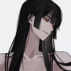 an anime character with long black hair and red eyes