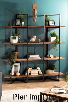 a shelf with books, plants and pictures on it in a room that has blue walls