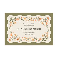 These vintage-style thank you postcards feature serif typography within a floral border and a scalloped edge. Blending rustic charm with timeless elegance the design also features a single delicate flower on the back. Serif Typography, Flora Garden, Garden Border, Thank You Postcards, Bridal Salon, Garden Borders, Floral Border, Delicate Flower, Reception Venues