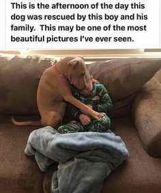 a dog sitting on top of a couch next to a person in jeans and a shirt