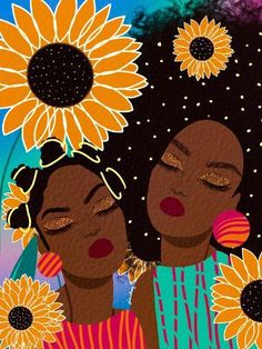 two black women with sunflowers in their hair and one has her eyes closed