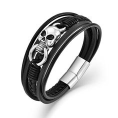 PRICES MAY VARY. EDGY DESIGN - Elevate your style with the VA JENT Men's Skull Bracelet, featuring a striking black braided leather cuff with a bold stainless steel skull centerpiece. This unique design exudes a rugged and punk-inspired vibe, perfect for the modern man who loves to make a statement. PREMIUM MATERIALS - Crafted with high-quality microfiber leather and durable stainless steel, this bracelet is not only stylish but also built to last. The combination of materials ensures a comforta Mens Skull Bracelet, Skull Centerpiece, Skull Bracelet Men, Edgy Accessories, Edgy Design, Punk Inspiration, Stylish Bracelet, Skull Bracelet, Black Braids