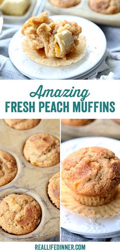 an image of fresh peach muffins with text overlay that reads amazing fresh peach muffins