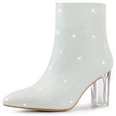 Can't help falling in love with these sparkly booties. The Glitter Ankle Boots have high block heels, a pointed toe, a low shaft that zips up the inside, and a safe cover on the mouth of shoes to prevent rubbing from the glitter. The glitter design will make you stand out in the crowd. It is a great choice for dating and hanging out with friends. It will win your heart via your feet. Sparkling Pointed Toe Heels For Fall, Glitter Pointed Toe Boots For Holiday, Holiday Glitter Boots With Pointed Toe, Sparkling Pointed Toe Winter Boots, Party Heeled Boots With Stacked Low Heel, Glitter Accents Heels, Winter Party Heels With Stacked Heel, Holiday Glitter Boots, Low Heel Party Boots For Winter