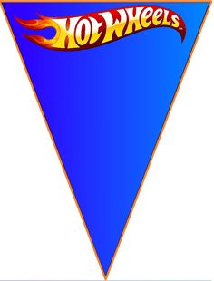 a blue triangle with the word hot wheels on it and flames coming out of it