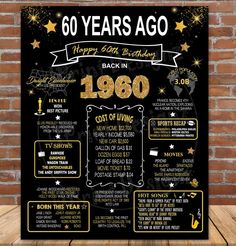 a black and gold 60th birthday poster with the years ago written in chalk on it