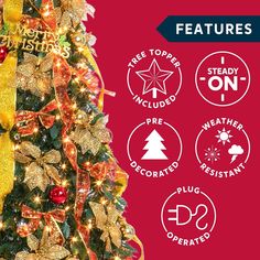 a christmas tree is decorated with gold and red ribbons, stars, and other holiday decorations