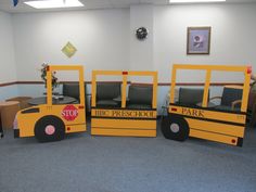 a school bus made out of cardboard boxes