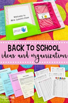 the back to school ideas and organization book is open on top of a colorful blanket