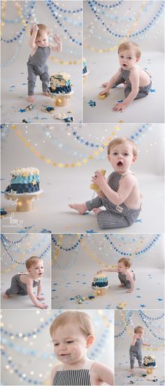 a baby boy sitting on the ground in front of a cake