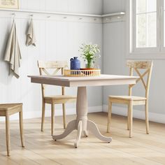 August Grove® Arza Solid Wood Pedestal Dining Table & Reviews | Wayfair Pedestal Dining Table Wood, Apartment Things, Wayfair Furniture, Solid Wood Table, Pedestal Dining Table, Coastal Farmhouse