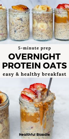 overnight oatmeal recipe in mason jars with strawberries and bananas on top