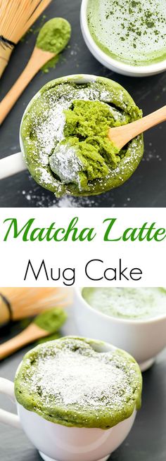 matcha latte mug cake with powdered sugar on top and spoon in the middle