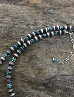 Sterling Silver Turquoise Bead Necklace. 22 inch Southwestern Beaded Round Turquoise Necklace, Southwestern Beaded Turquoise Necklace, Turquoise Single Strand Southwestern Jewelry, Southwestern Turquoise Necklace With Spacer Beads, Southwestern Turquoise Necklace With Round Beads, Southwestern Style Turquoise Necklace With Round Beads, Western Turquoise Round Beads Jewelry, Turquoise Western Jewelry With Round Beads, Western Style Turquoise Round Beads Jewelry