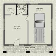 the floor plan for a small garage with an attached living room and kitchen area,