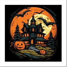 a halloween house with pumpkins in front of the full moon and bats flying over it