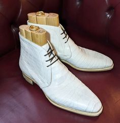 Handmade White Crocodile Texture Leather Chukka Boot on Storenvy Ascot Shoes, Boots Wedding, White Alligator, Alligator Dress Shoes, Wingtip Boots, Crocodile Texture, Quality Leather Boots, Alligator Crocodile, Leather Chukka Boots