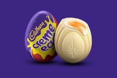 caddy's creme egg is shown in front of a purple background