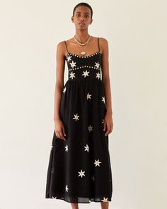 Autumn Western Star Dress Short Embroidered Dress, Black Dress With Embroidery, Dress With Stars On It, Folklore Outfit, Dress With Stars, Thrifted Clothes, Hand Printing, Western Star, Autumn Dress