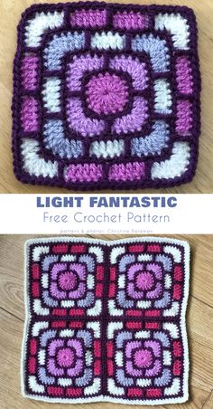 two crocheted squares that have been made to look like they are in different colors