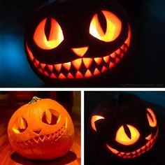 three pictures of pumpkins with glowing eyes and mouths, all carved to look like jack - o'- lanterns