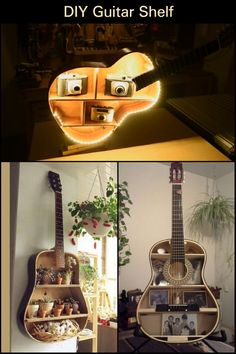 the guitar shelf is made from an old guitar