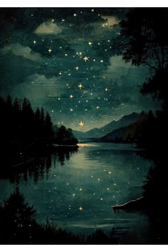 the night sky is filled with stars above water