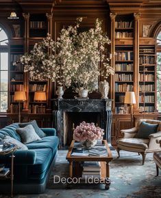 a living room filled with furniture and a fire place covered in lots of bookcases