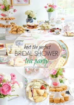 the bridal shower tea party is set up with flowers and desserts on it