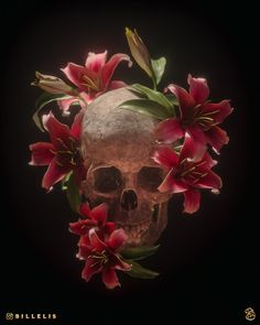 a skull with red flowers on its head