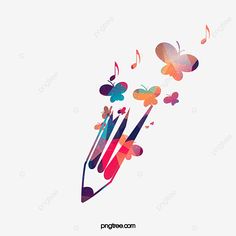 colorful butterflies flying out of a pencil with music notes coming out of it, illustration, creative png and psd