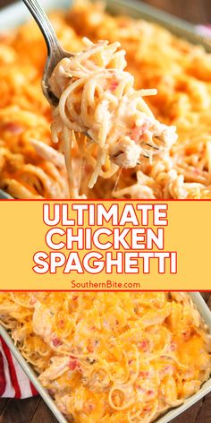 the ultimate chicken spaghetti casserole is ready to be eaten and served with a fork