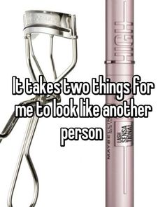 a pair of scissors next to a pink lip bale with the words it takes two things for me to look like and other person