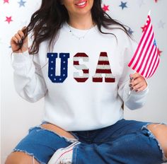 Chenille Patch 4th of July Shirt for Women, USA Shirt, Fourth of July 4th Long Sleeve Tops With American Flag, Patriotic American Flag Long Sleeve Tops, White Long Sleeve Tops For Independence Day, Americana Style Long Sleeve Tops With American Flag, Long Sleeve Americana Tops With American Flag, Long Sleeve Americana Tops For 4th Of July, Americana Long Sleeve Tops For 4th Of July, Americana Long Sleeve Tops With American Flag Print, Long Sleeve Tops For 4th Of July