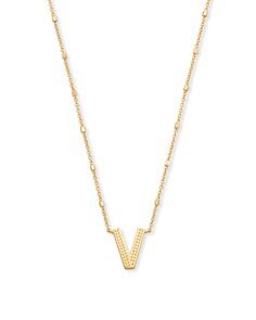 No need to spell it out...The Letter V Pendant Necklace in Gold is sure to be a new favorite. Featuring your initial, or your bestie's, or your crush's (we won't tell), wear a personalized reminder designed with our signature etched detail. Metal 14k Yellow Gold Over Brass Size 19" chain, 0.61"L X 0.61"W pendant Closure Lobster clasp with single adjustable sliding bead Please note: Due to the one-of-a-kind nature of the medium, exact colors and patterns may vary slightly from the image shown. | V Pendant, V Necklace, Preppy Jewelry, Diamond Initial Necklace, Kendra Scott Necklace, Gift Inspo, Letter Pendant Necklace, Letter V, Birthday List