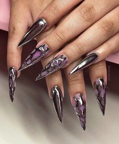 Dark Long Nails, Paznokcie Hello Kitty, Dark Purple Nails, Nagel Tips, Purple Nail, Almond Acrylic Nails