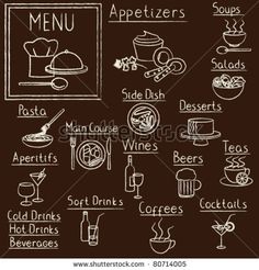 a set of hand drawn food and drink menus on a blackboard with white chalk