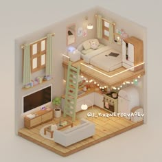 an aerial view of a bedroom and living room in a doll house with stairs to the second floor