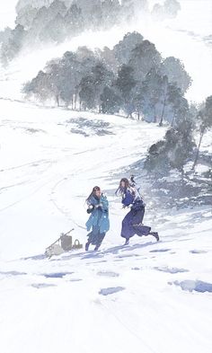 two women are running in the snow with their sleighs and backpacks