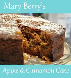 a close up of a cake on a plate with the words mary berry's apple and cinnamon cake