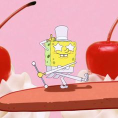 spongebob on top of an apple with two cherries in the background