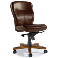 a brown leather office chair on casteors